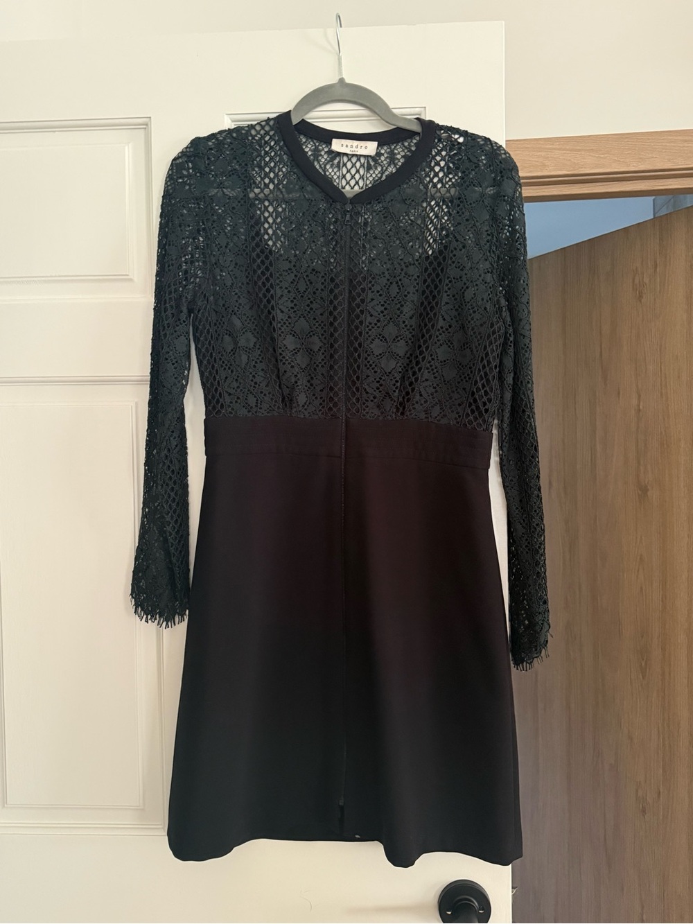 Sandro Black Lace-Inset Long Sleeve Dress